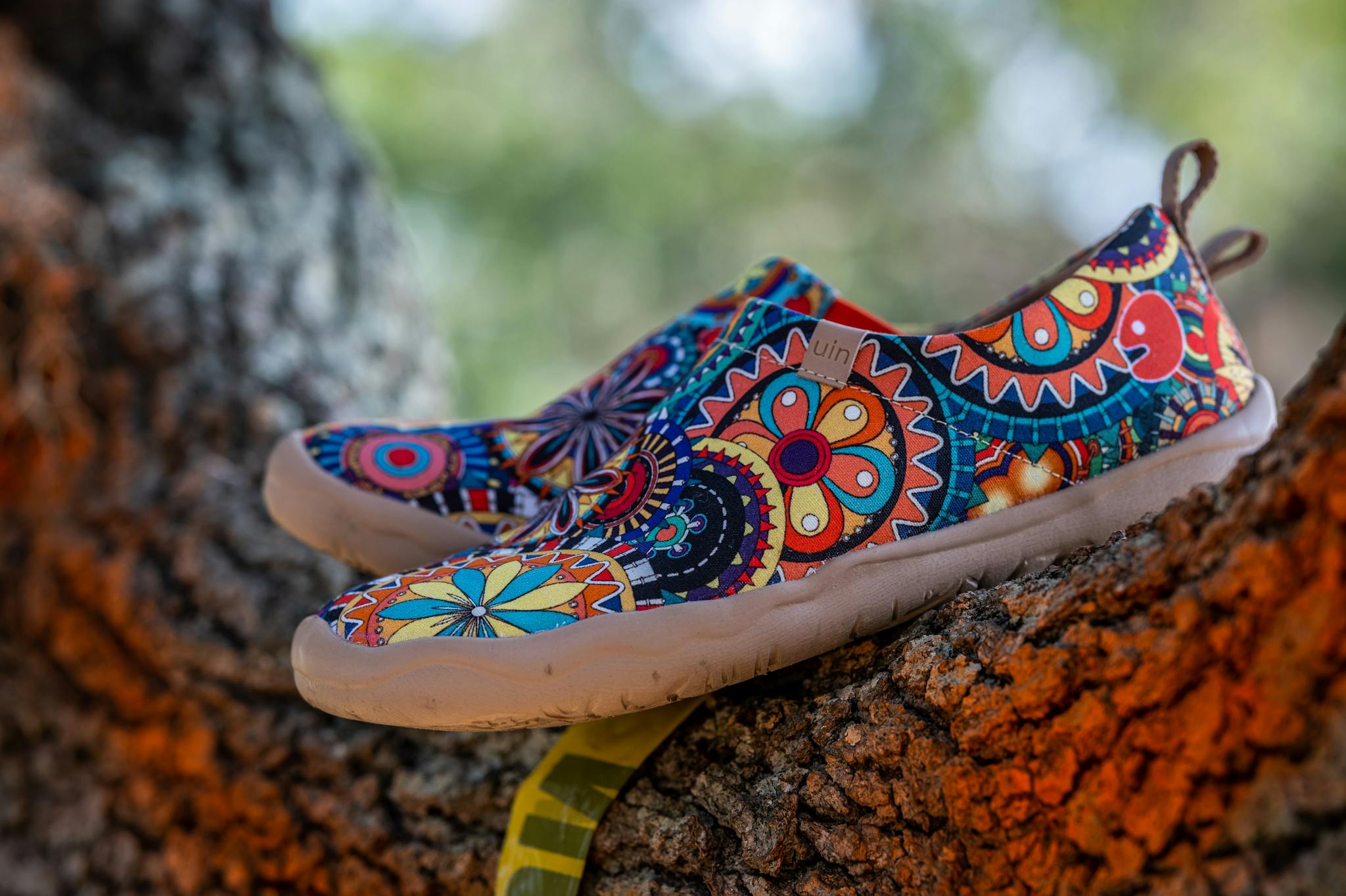 Colorful slip-on sneakers with intricate patterns displayed on a tree branch outdoors.